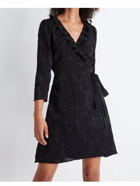 Madewell Black Textured Wrap Dress with Ruffle V-Neck